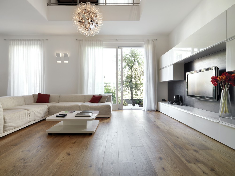 Modern living room with wood floor overlooking the garden