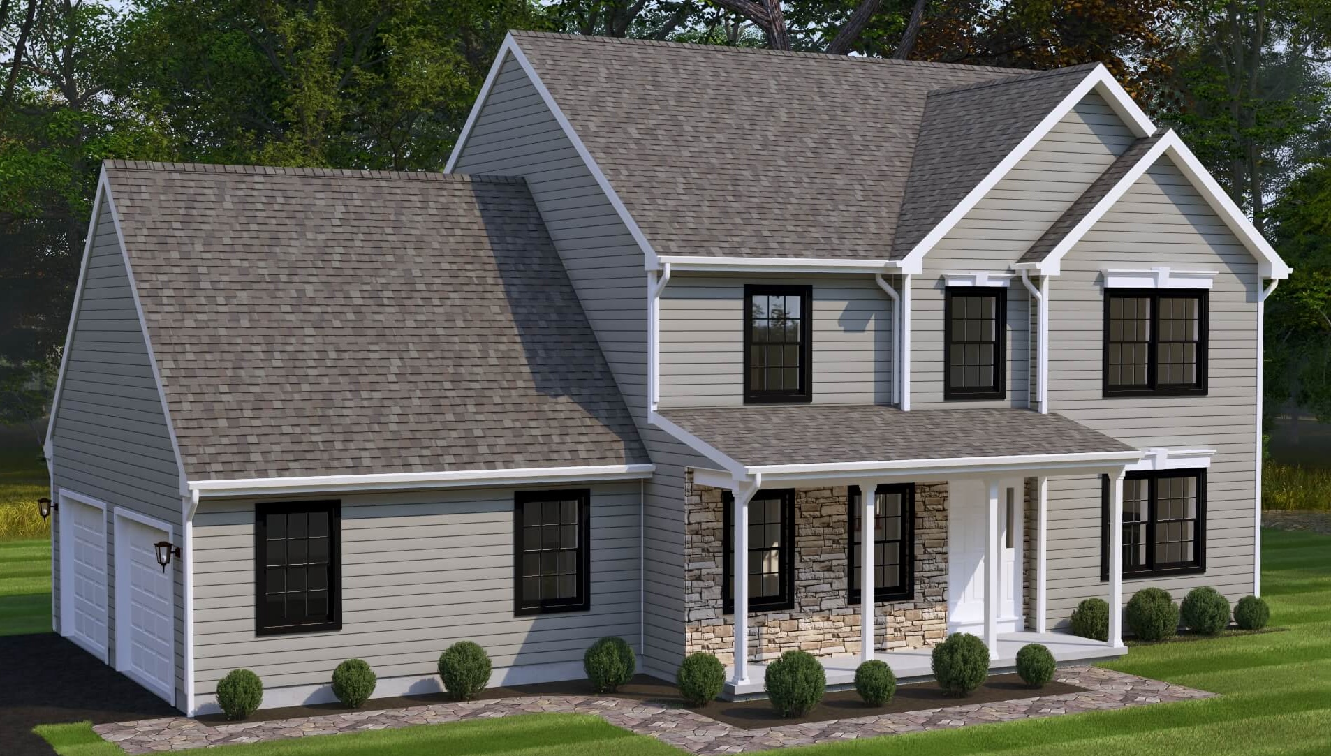 STAFFORD  double peaks, window heads, front porch with stone facade and side loaded 2 car garage house