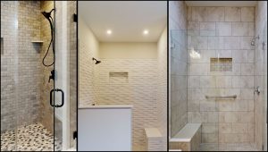 three different tile showers, ai generated