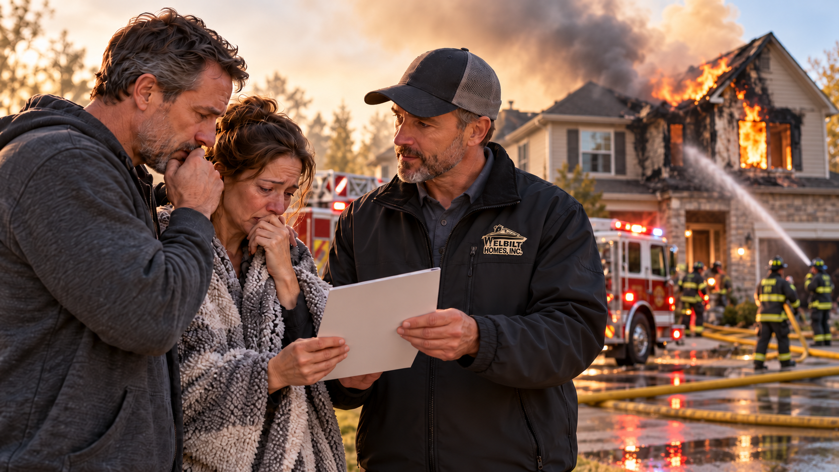 Homeowners receiving guidance from Welbilt Homes while firefighters respond to a house fire, illustrating rebuilding after a fire.