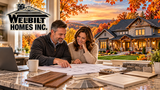 Welbilt Homes custom home planning with a couple reviewing blueprints and design samples overlooking a finished home in fall